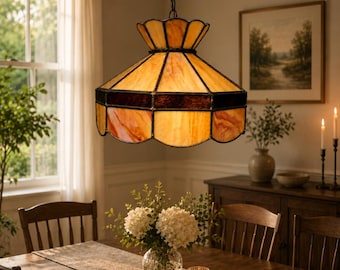 Vintage Tiffany Style Amber Stained Glass Pendant Lamp Hanging Light Ceiling Fixture Dining Room Lighting Mid Century Style Decor
