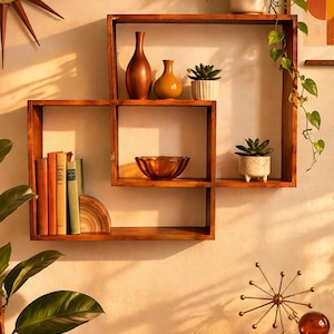 LRG Mid Century Wooden Cube Shelf Shadow Box Wall Display, Rustic Primitive Cubby Shelf, Farmhouse Wall Decor 28 x 26