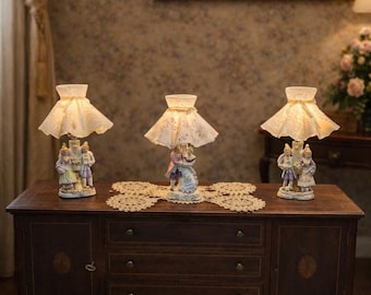 Vintage Figural Lamp Courting Couple Pair or Single Victorian Colonial Man Lady Boudoir Porcelain Table Bedside Accent Light MCM Cottage