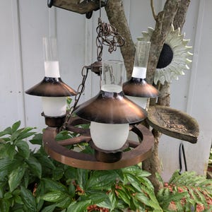 Vintage Wagon Wheel Light Mid Century Wood Copper Western Ceiling Lamp  Rustic Primitive Lodge Cabin Chandelier Hanging Lamp
