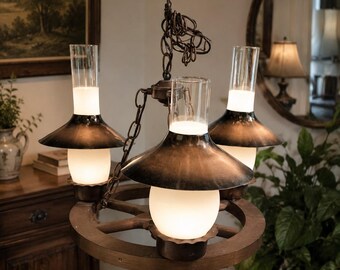 Vintage Wagon Wheel Chandelier Light Fixture, Rustic Western Ceiling Lamp, Mid Century Copper Hanging Light, Farmhouse Cabin Lighting