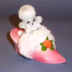 Vintage Poodle Puppy Dog Figurine in a Victorian Pink Slipper Ceramic Made in Japan Sealed Numbered MCM Shoe Boot
