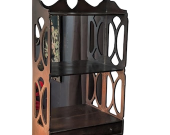 Vintage Edwardian Shelf Mirror Mahogany Antique Wall Mount 3 Tier Drawer Hanging Victorian Folk Art primitive farmhouse Scroll Cut Wooden