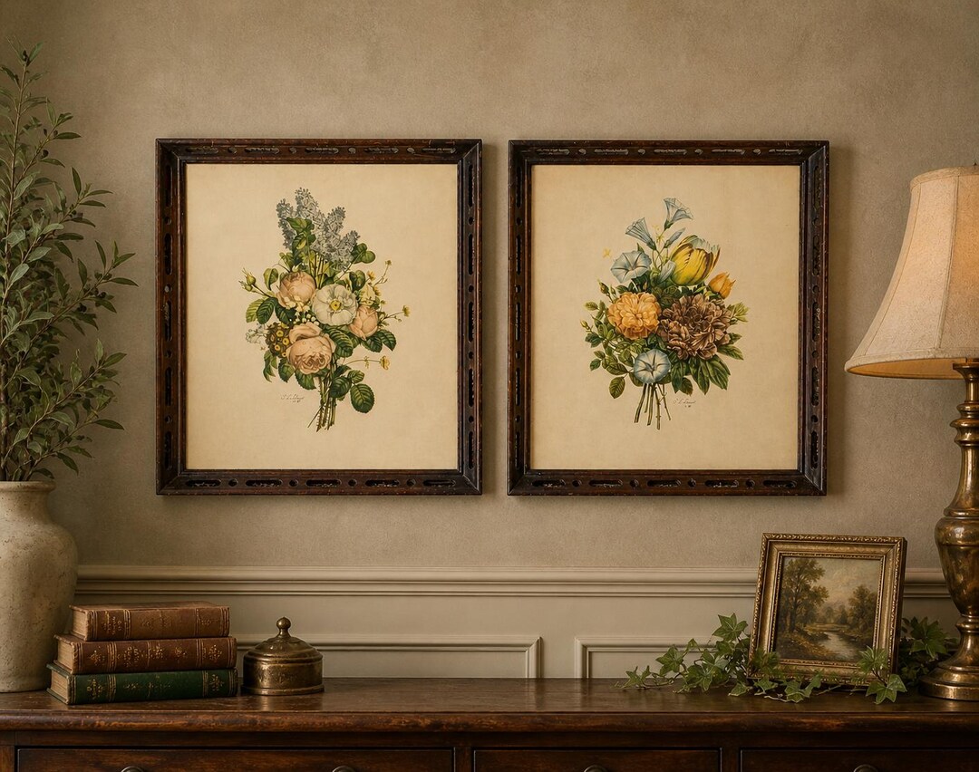 Vintage J L Prevost Floral Prints Set of 2, Botanical Wall Art, Rustic ...
