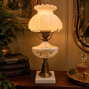 Vintage Hurricane Student Lamp Antique Victorian Milk Glass Brass