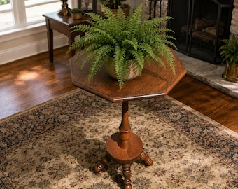 Vintage Octagonal Side Table with Turned Pedestal Base | Rustic Accent & Plant Stand Wooden Side Table, Turned Leg