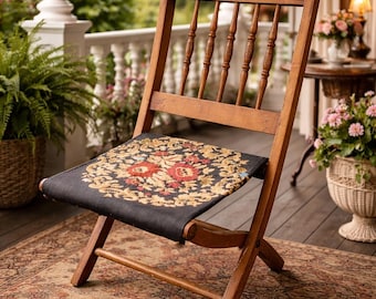 Antique Civil War Campaign Folding Chair | Floral Tapestry Seat | Spindle Back Wooden Chair | Portable Vintage Camp Chair | Primitive Decor