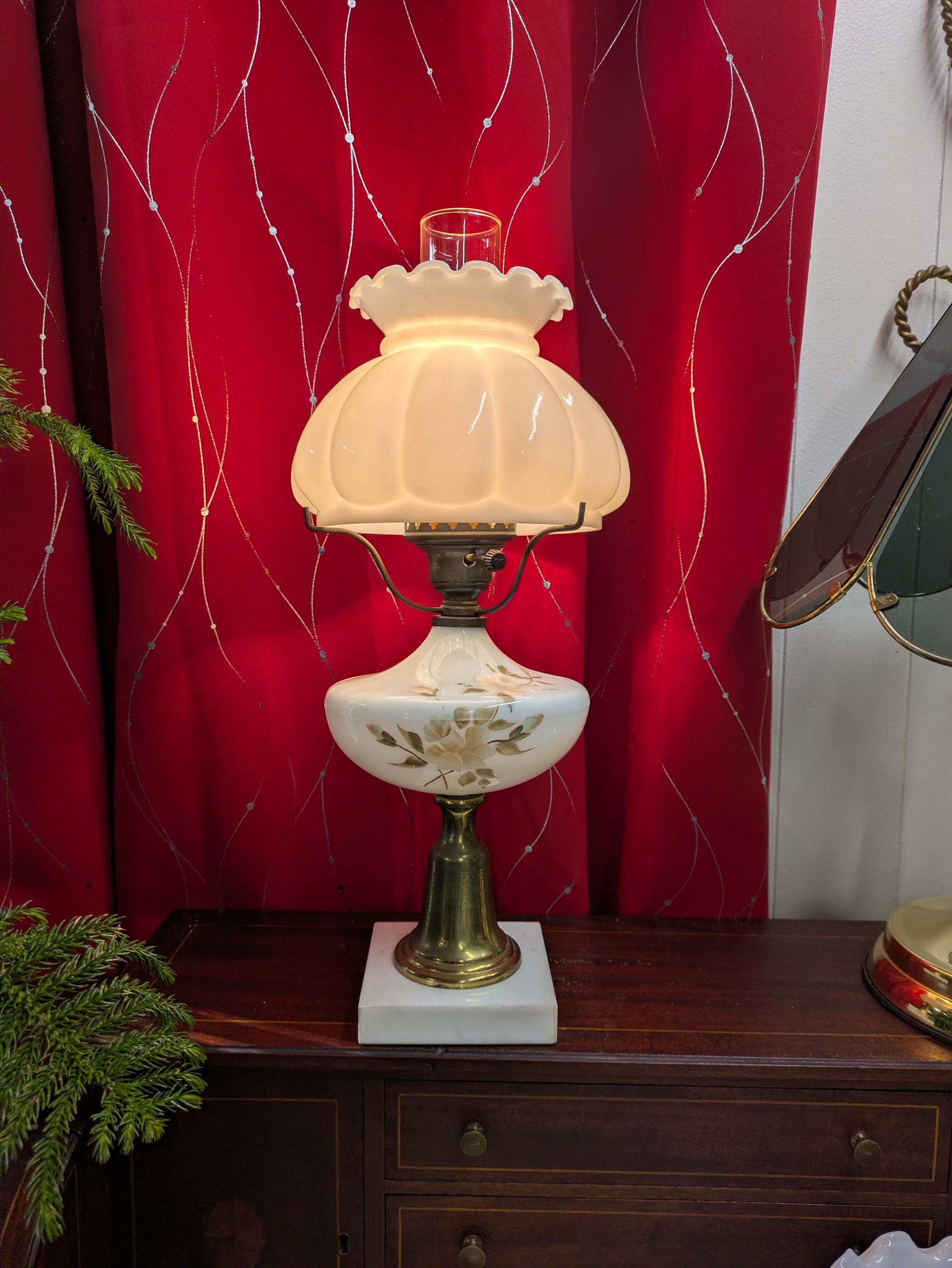 Vintage Hurricane Student Lamp Antique Victorian Milk Glass Brass