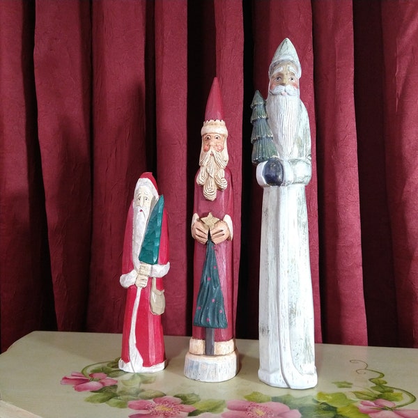 Vintage Pencil Santa Primitive Figurines Christmas Ornaments Faux Wood Carved Rustic Farmhouse Ornament Decor