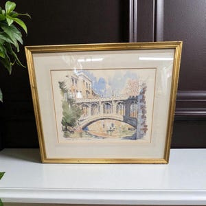 Vintage Watercolor Print Painting Signed Bridge of Sighs Cambridge England Framed Mid Century Wall Hanging Derek Abel