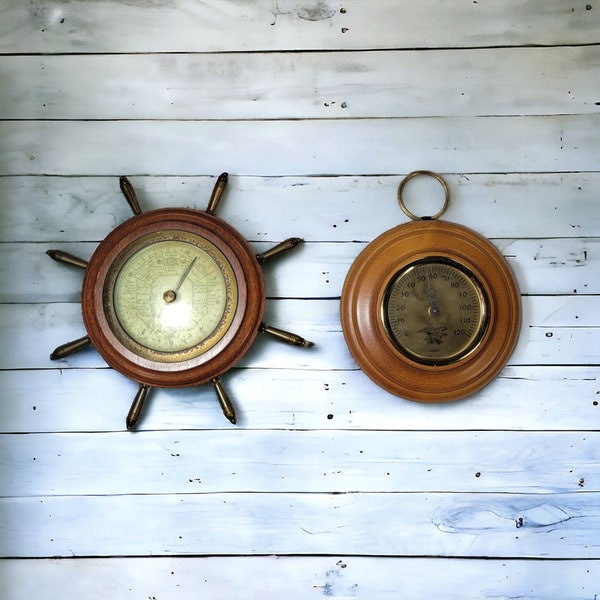 Vtg Nautical Barometer or Thermometer Weather Station MCM Ship Wheel Eagle Wooden Retro Wall Hanging Humidity Mid Century Home Office
