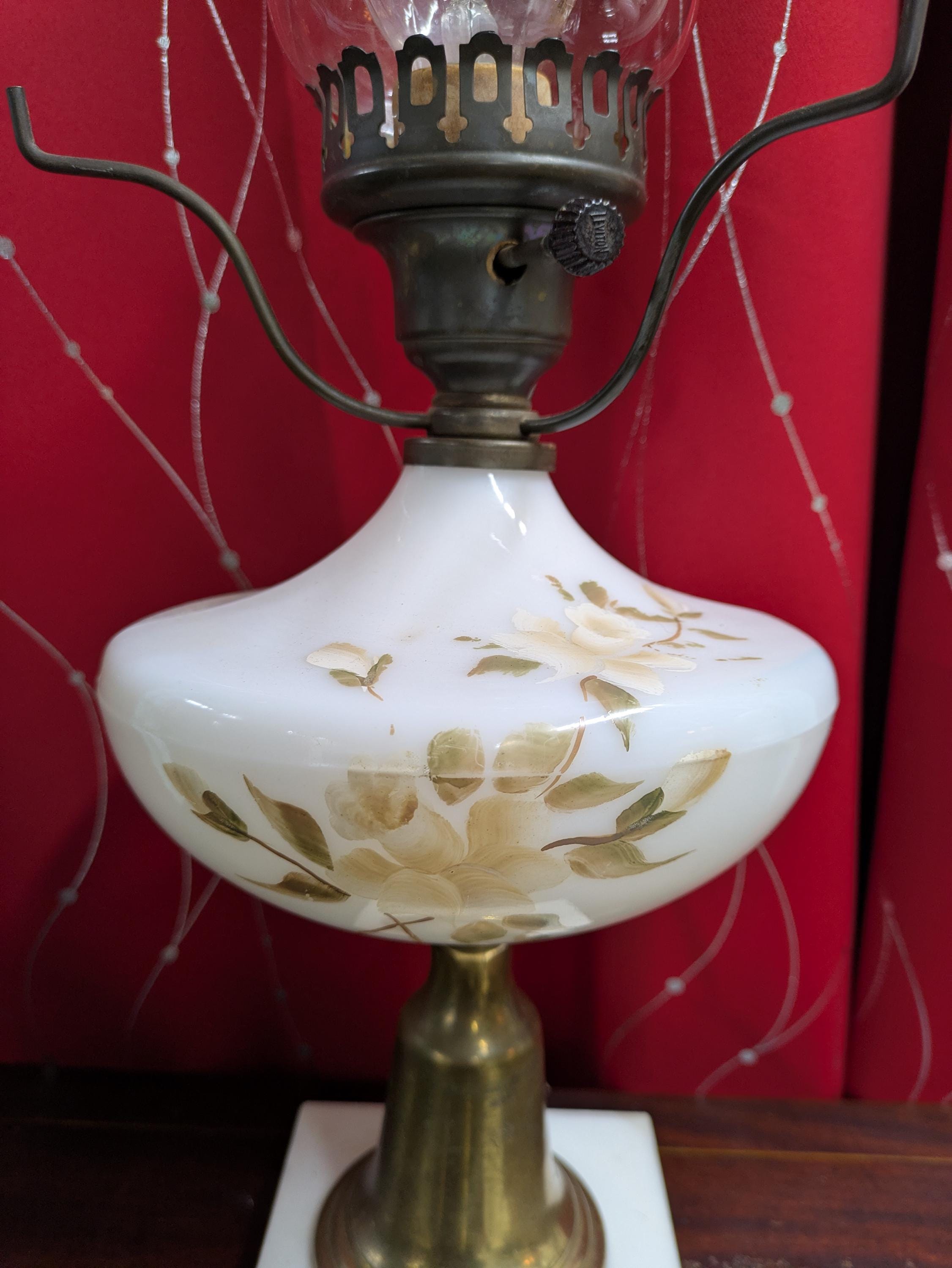 Vintage Hurricane Student Lamp Antique Victorian Milk Glass Brass