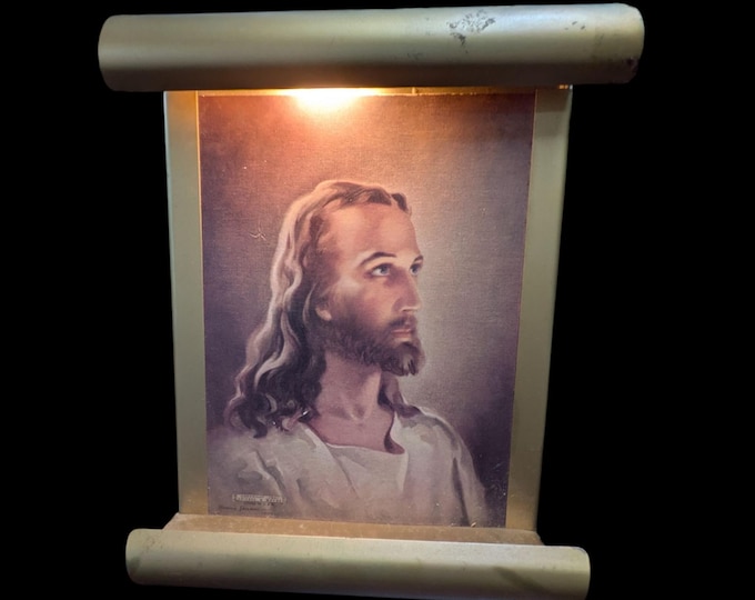 Vintage Jesus Light up Picture 60's Memorial Gold Metal Art Religious ...