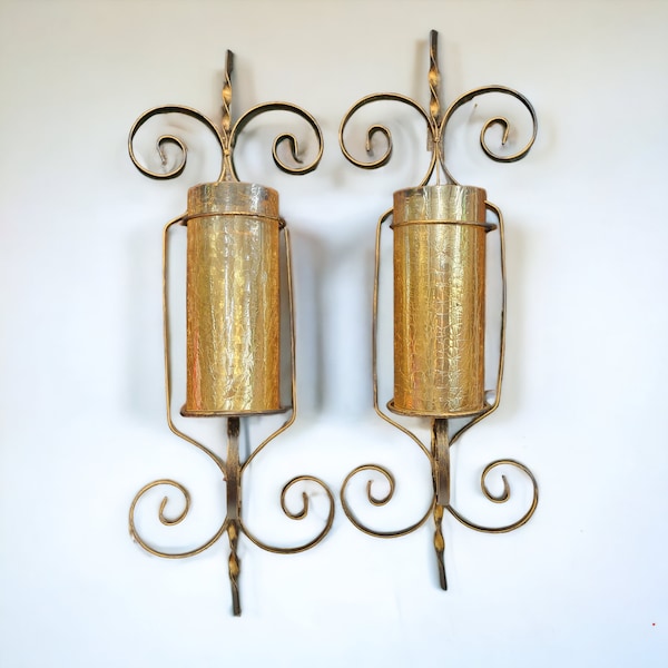 Pillar Candle Holder Vintage Wrought Iron Sconce Scroll Metal Crackle Amber Glass Shade Wall Hanging French Spanish Gothic Modern Brutalist