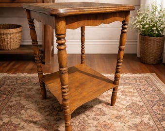 Antique Wooden Side Table, Turned Leg Accent Table, Rustic Plant Stand Shelf