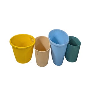 Waste Basket Bin Vintage MCM Retro garbage trash can planter bathroom powder room bedroom decor wastebasket Blue Yellow Beige Teal Green