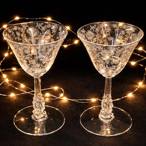 Vintage Floral Etched Liqueur Cocktail Glasses Bryce 1930's Crystal Goblet Set Art Deco Stemware