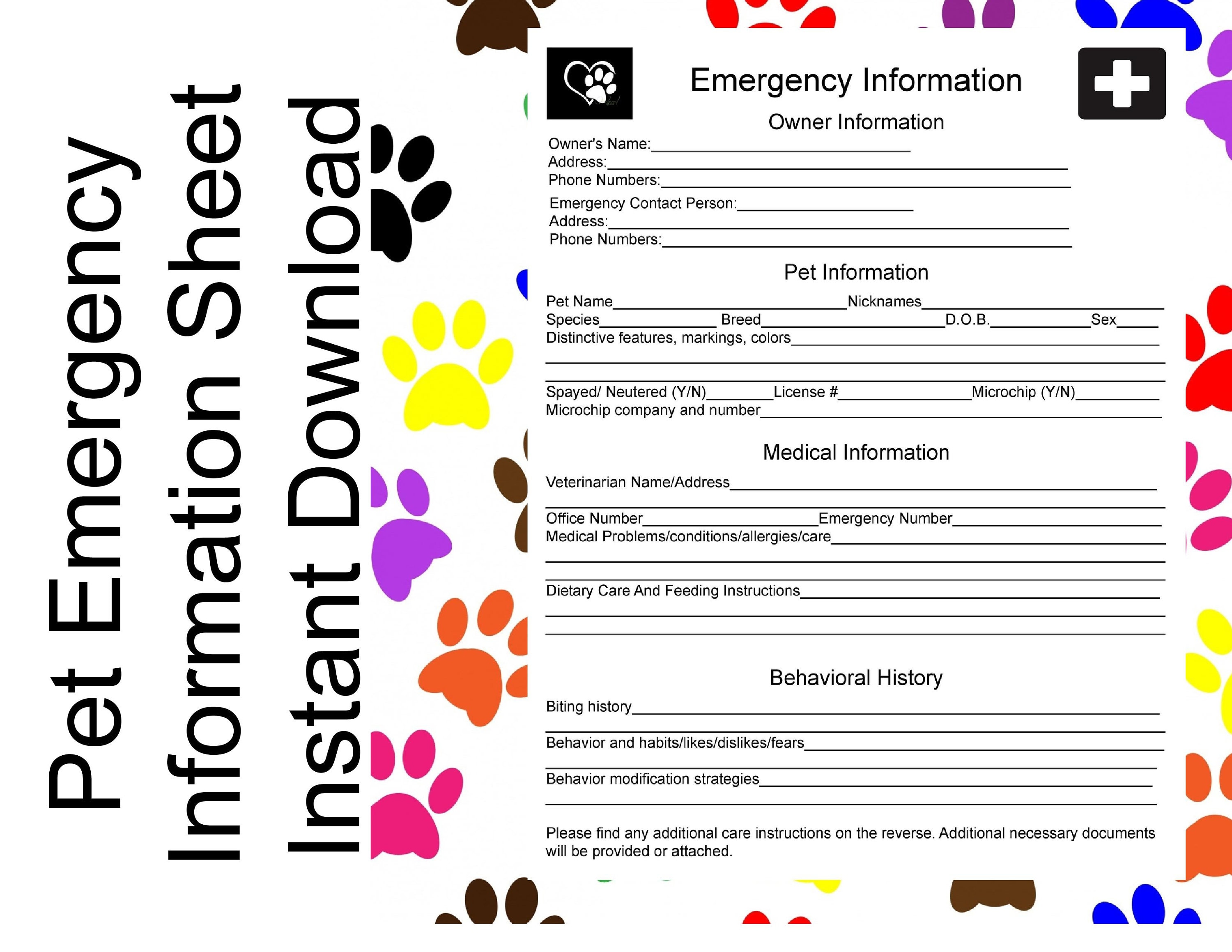 Pet Emergency Information Sheet Printable Contact List Pet - Etsy