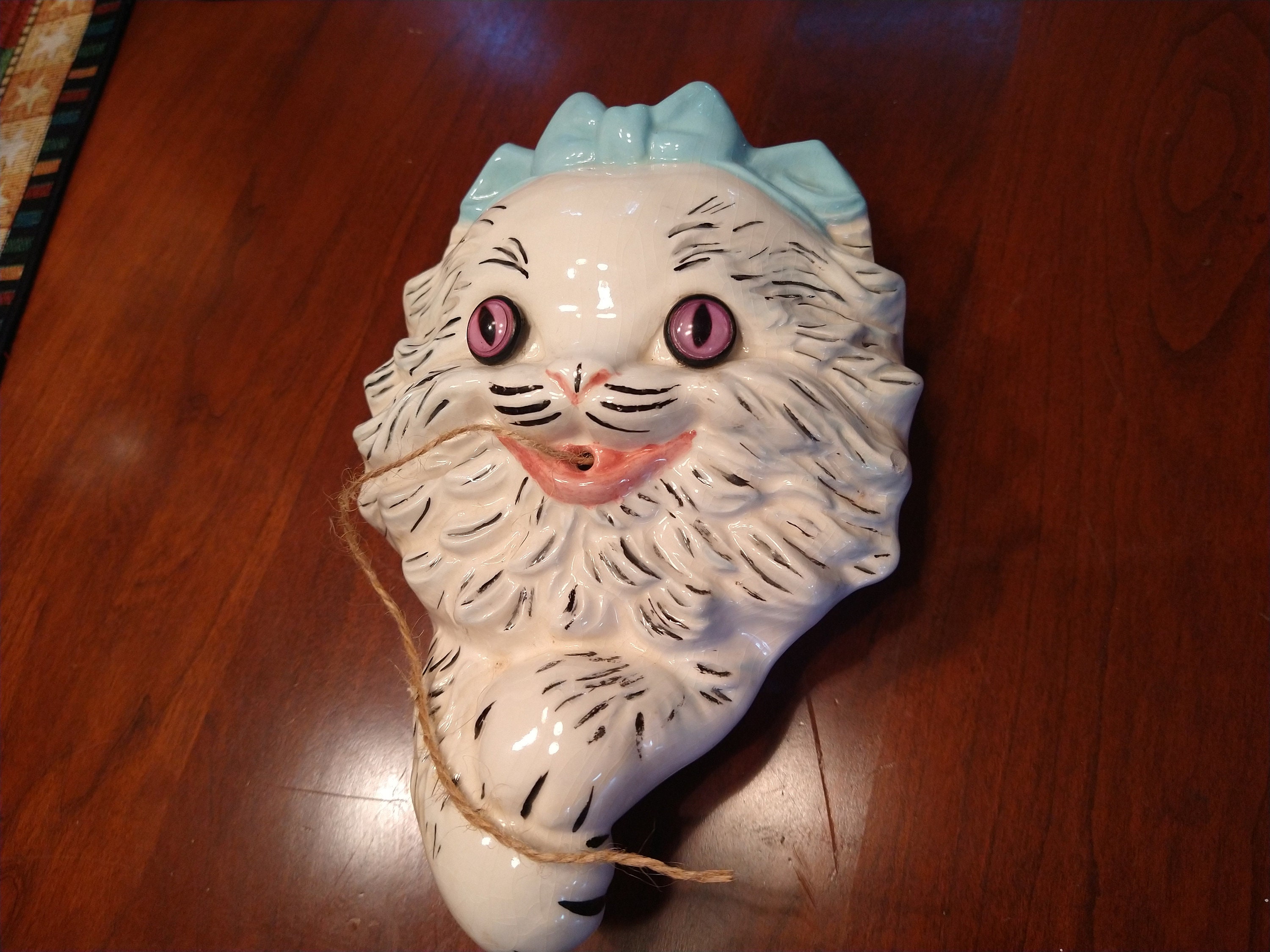 Ceramic string cat wall pocket holder hanging vintage persian etsy