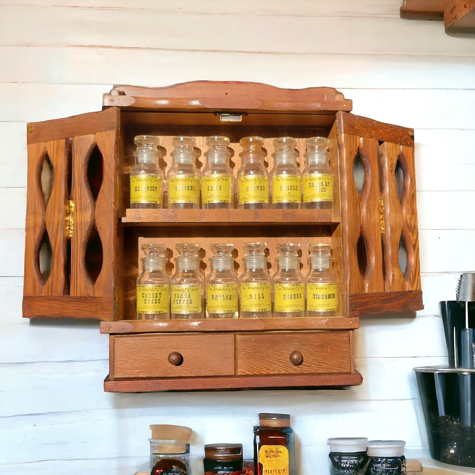 Spice Rack Jars Vintage Wooden Shelf Cabinet Wall Hanging Apothecary Cupboard MCM Primitive Country Cottage Decor Mid Century Brass Ship Etsy