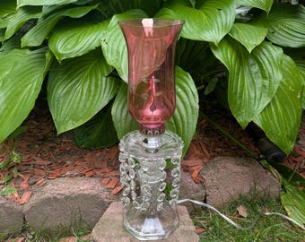 Vintage Hurricane Lamp Lustre Cranberry Glass Shade Chimney Glass Prisms Boudoir Table Bedside Accent Night Light MCM Mantel  Victorian