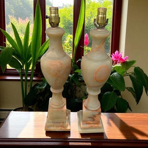 May include: Two matching beige and peach-colored table lamps with brass fixtures. The lamps have a classic urn shape and sit on square bases. The lamps are displayed on a dark wooden table in front of a window with greenery and flowers.