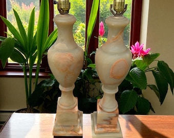 Vintage Marble Table Lamp 24” Tall, Brown Green Amber Stone Lamp, Heavy 21 lb Neoclassical Bohemian Decor, Antique Marble Base Lighting
