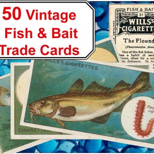 50 Cartões de comércio de peixes e iscas vintage para impressão digital para download, álbum de recortes, colagem, decoupage, diário de lixo, itens efêmeros, dia dos pais, aniversário