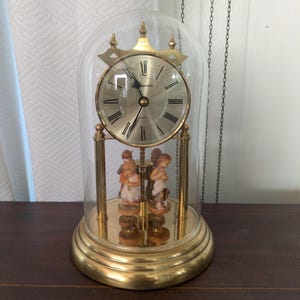 Vintage Clock Junghans Dome Mantle Desk Clock Dome Glass Revolving Figurine Pendulum Quartz Glass Dome West Germany