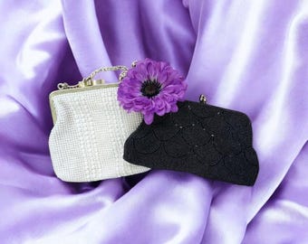 Vintage Beaded Clutch Purse Choice Off White or Black Wedding Prom Formal Art Deco Mid Century Fashion Evening Bag