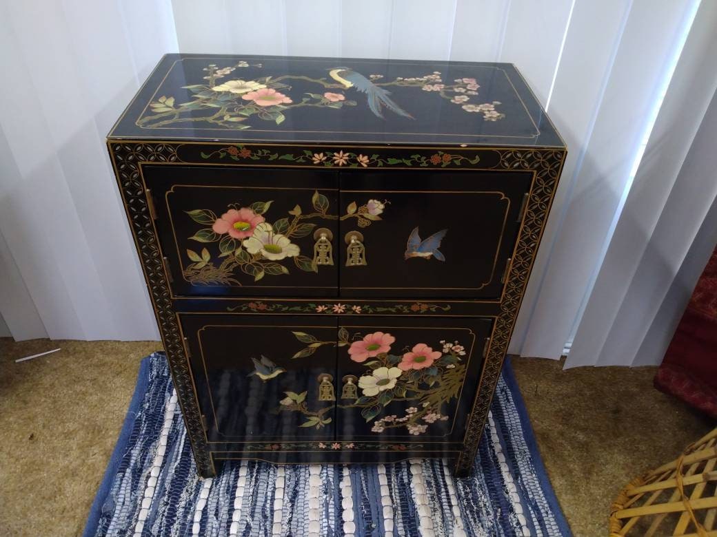 Black lacquer cheap chinoiserie cabinet