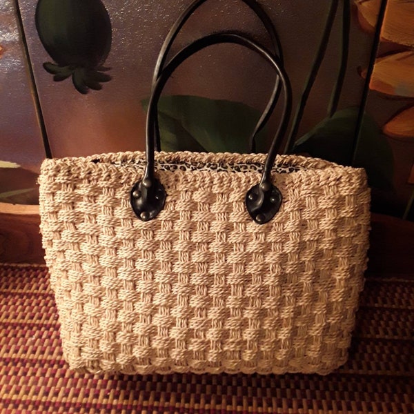 Vintage woven tote purse handbag basket weave jungle print express shopping boho french