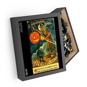 Lucky Spell Halloween Vintage Postcard Puzzle (120, 252, 500-Piece) Witch Brew Black Cat Moon Pumpkin