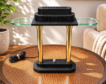 Vintage Robert Sonneman for George Kovacs Halogen Bankers Desk Lamp, 1980s Postmodern Table Lamp, Memphis Style Lighting, Brass & Glass Lamp