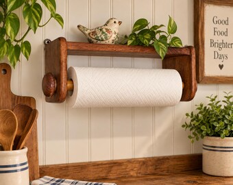 Vintage Wooden Paper Towel Holder with Shelf, Rustic Wall Mount Kitchen Storage, Farmhouse Country Kitchen Decor, Wood Towel Rack