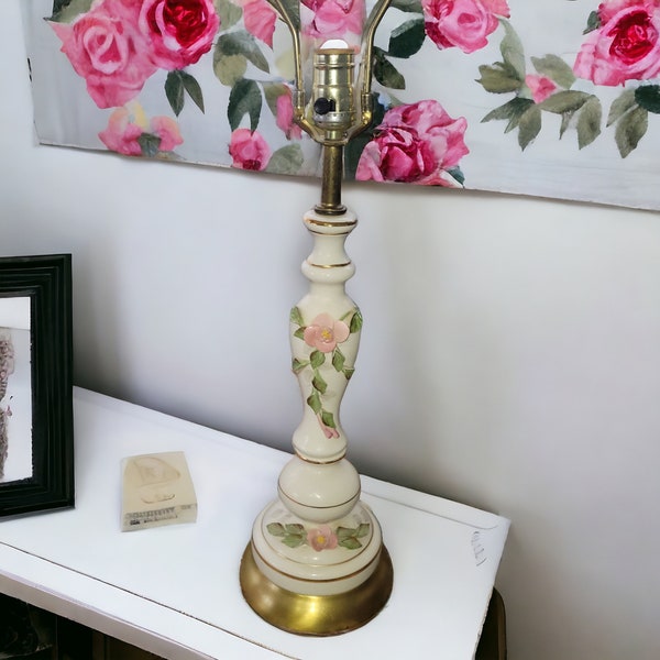 Porcelain Lamp Capodimonte Roses Pink Tall Vintage Shabby Cottage Chic Bedside Boudoir Lamp