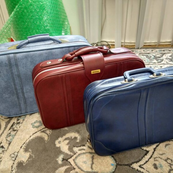 Vintage Suitcase Choice Retro Luggage Vinyl Carry On Bag Blue Maroon MCM Mid Century Mod