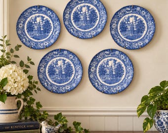 Vintage Liberty Blue & White Plates Set Historic Liberty Hall Wall Art, Ironstone Transferware, Cottage Farmhouse, Staffordshire England