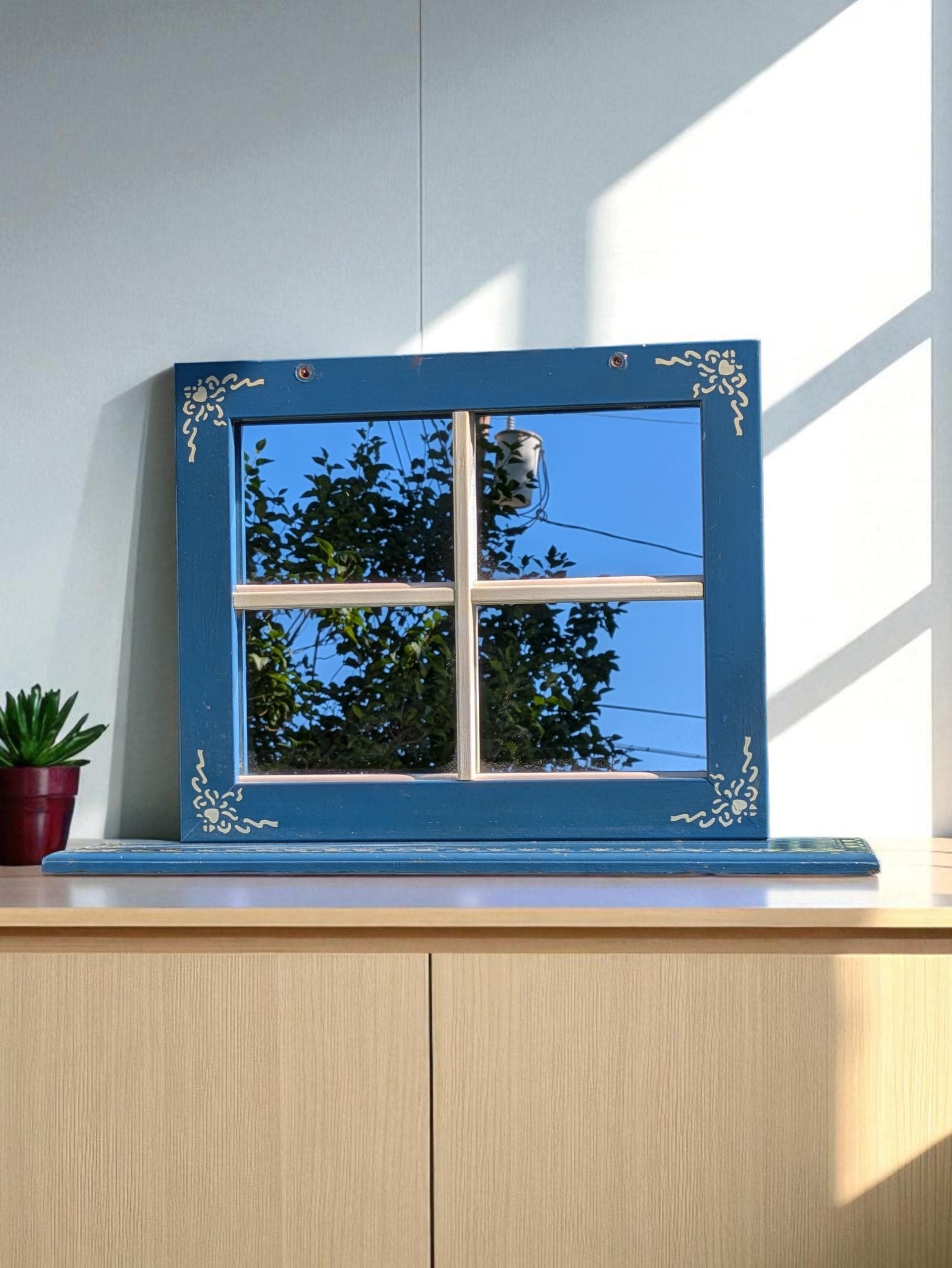 Vintage Window Mirror Shelf Blue White Wooden Wall Hanging Farmhouse Primitive Rustic Country decor