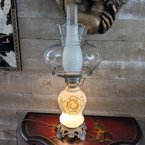Vintage Hurricane Lamp Yellow Floral Flowers Clear Glass Shade Frosted Chimney GWTW Gone with the Win Oil Parlor Table Bedside MCM Hobnail