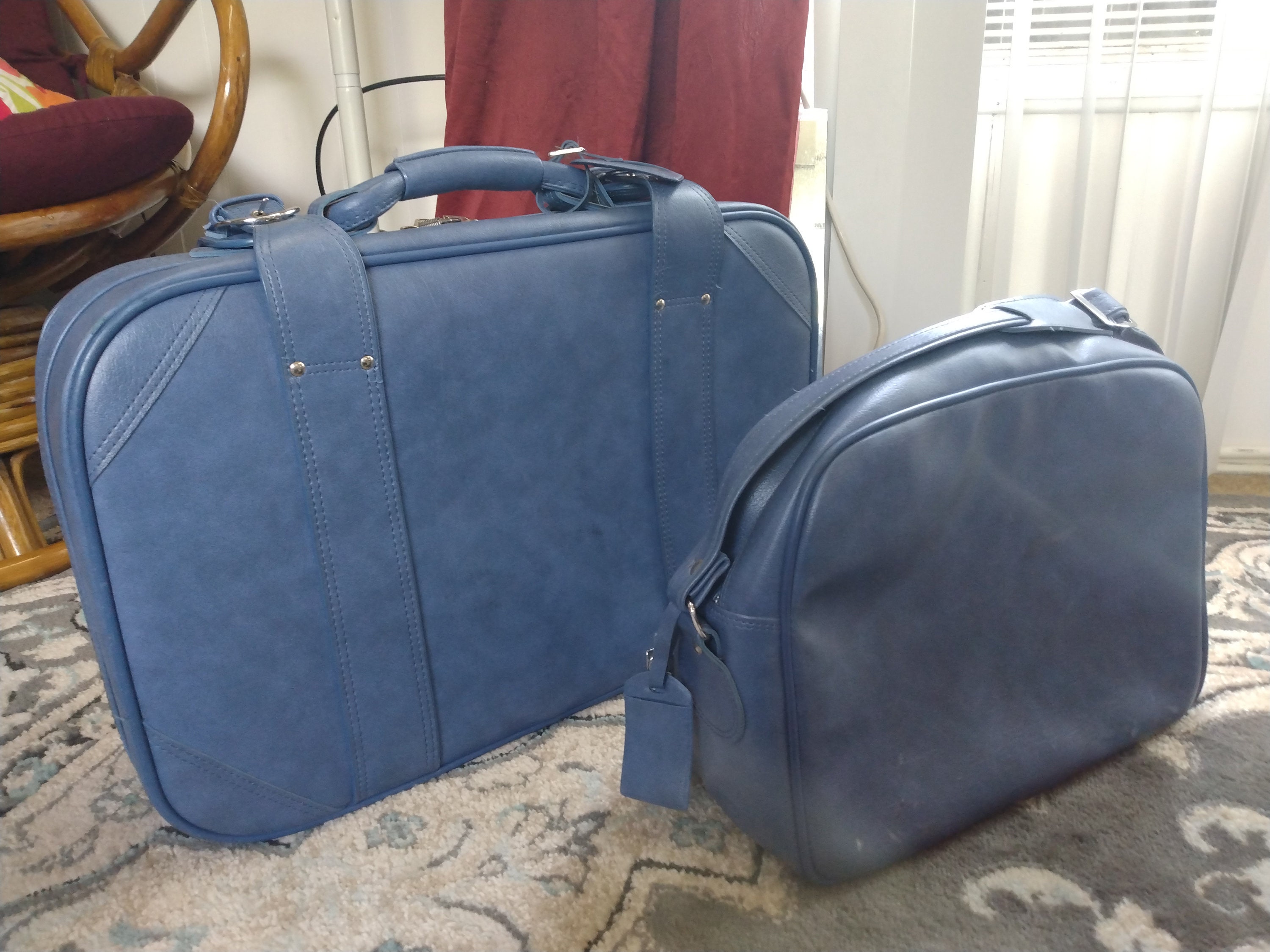 Vintage Luggage Retro Blue Vinyl Suitcase Set Retro Travel Bag 