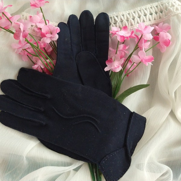 Women's Gloves Vintage Dark Navy Blue Crescendoe Leather Tailored Evening Formal Wear Wrist Length Costume Wedding 1960's Mod