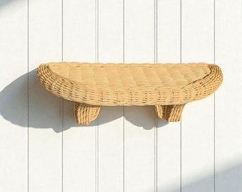 Vintage Shelf Wicker Woven Bathroom Bedroom Wall Hanging Shelf Shabby Cottage Chic Decor Grandma Pale Yellow