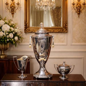 May include: A silver tea service set on a dark wooden surface. The set includes a large urn with a spigot, a creamer, and a lidded sugar bowl. The urn has decorative detailing and handles. The background features a mirror and wall sconces.