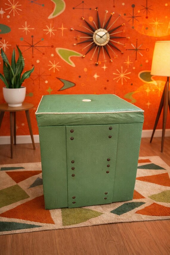 Vintage Mid Century Green Vinyl Storage Stool Ottoman, Retro Footstool Seat, Brass Tack Geometric Design, MCM Decor Box Cube
