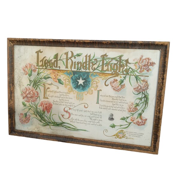 Vintage Lithograph 1904 Christian Hymn Lead Kindly Light Framed Art Victorian 1900's Color Litho Print Floral President McKinley Primitive