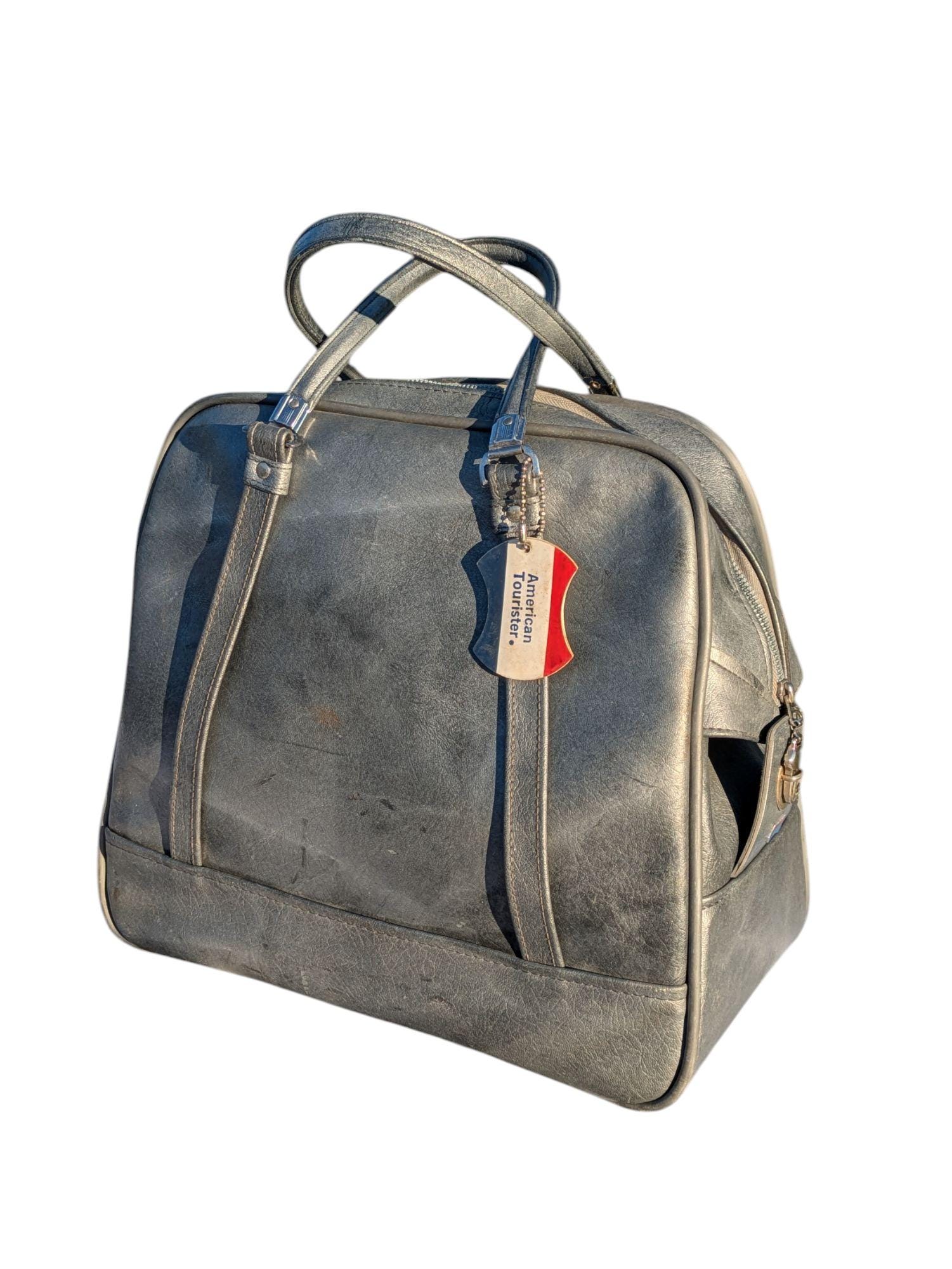 Vintage Luggage Retro Gray Vinyl Carry On American Tourister Suitcase Retro Travel bag Mid Century Post Modern Airline Bag Weekend