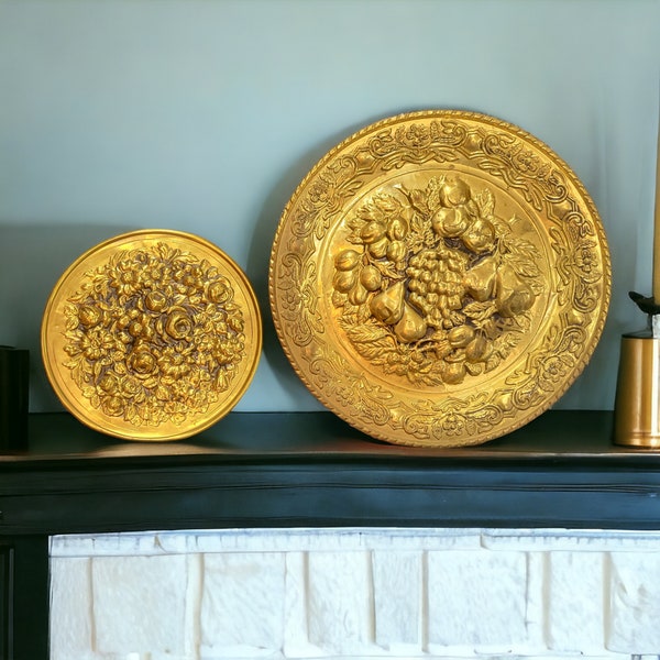 Vintage Brass Wall Hanging Plates Fruit Floral Rose Themed Mid Century Decor England Gold Hollywood Regency Retro