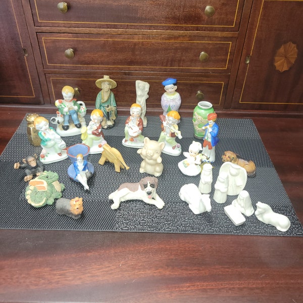 Miniature Lot Vintage Figurines MCM Japan Porcelain Instant Collection Toothpick Holders Vase Rubber Dogs Nativity Set Gold Shaker