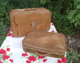 Vintage Carry On or Briefcase Suitcase Luggage Vinyl Brown Retro Travel Bag Attache Case Home Office Overnight Bag